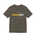 Army green IDGAF Army T-shirt shown flat, gold and white front print over a faint target