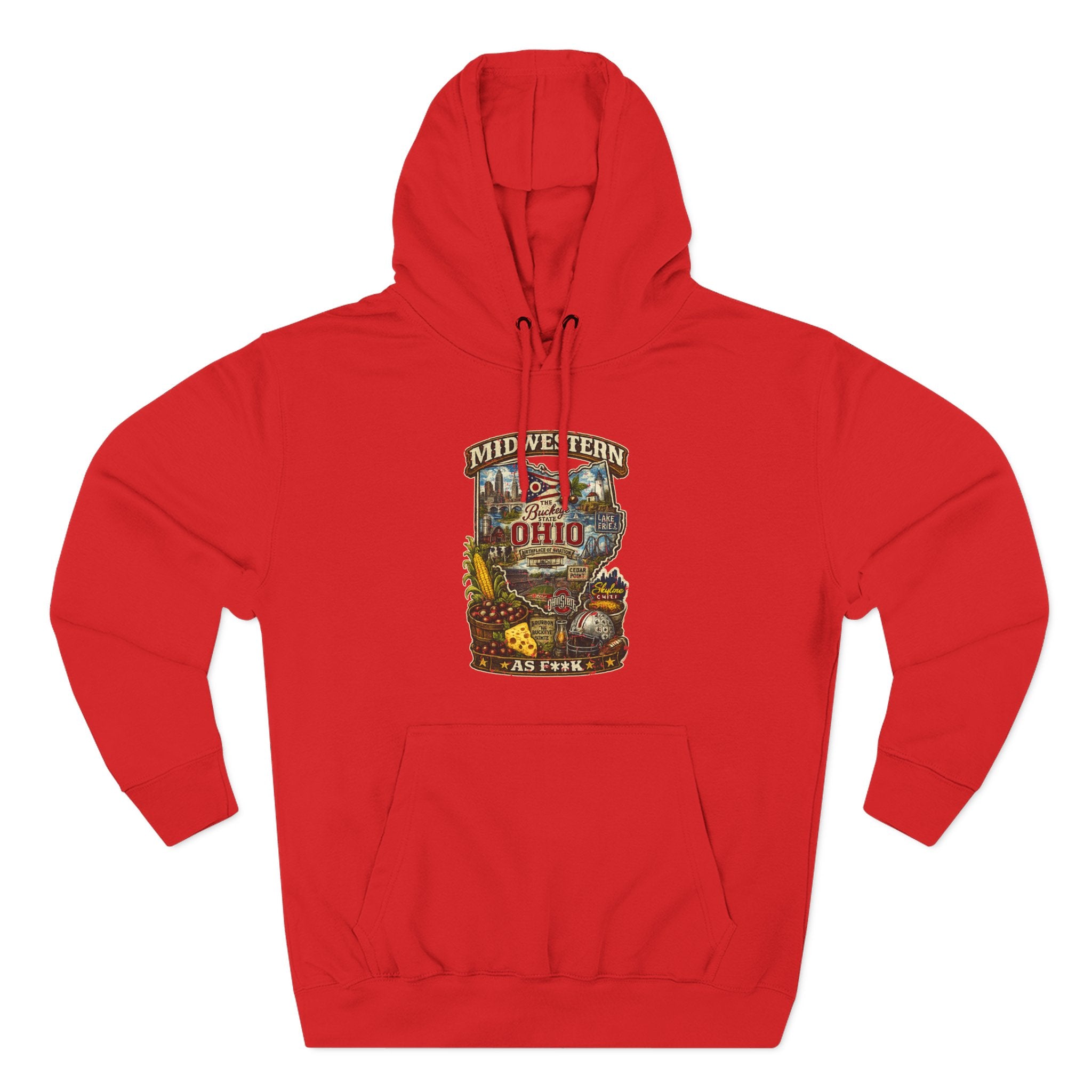 Ohio Midwestern As F**K hoodie in red laid flat, vintage Buckeye State Ohio graphic pullover