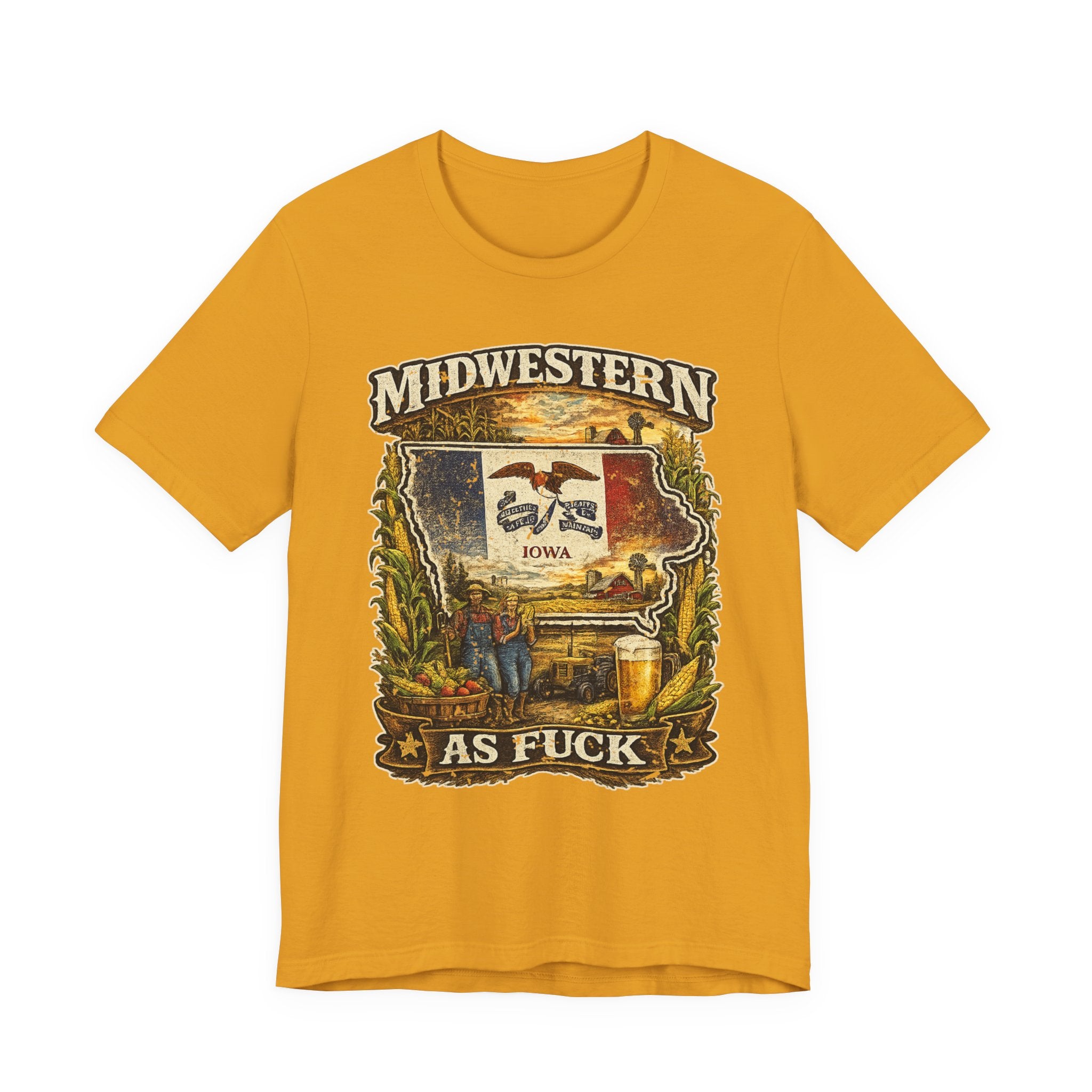 Midwestern As Fuck Iowa T-Shirt in Mustard – a distressed vintage design featuring the outline of Iowa overlaid with the Iowa state flag, surrounded by towering corn stalks, rolling farmland, a classic red barn, a windmill, a tractor, and an overflowing harvest basket