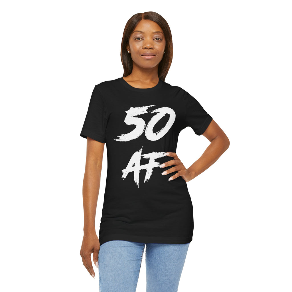 Woman with hand on hip wearing the black 50 AF birthday tee