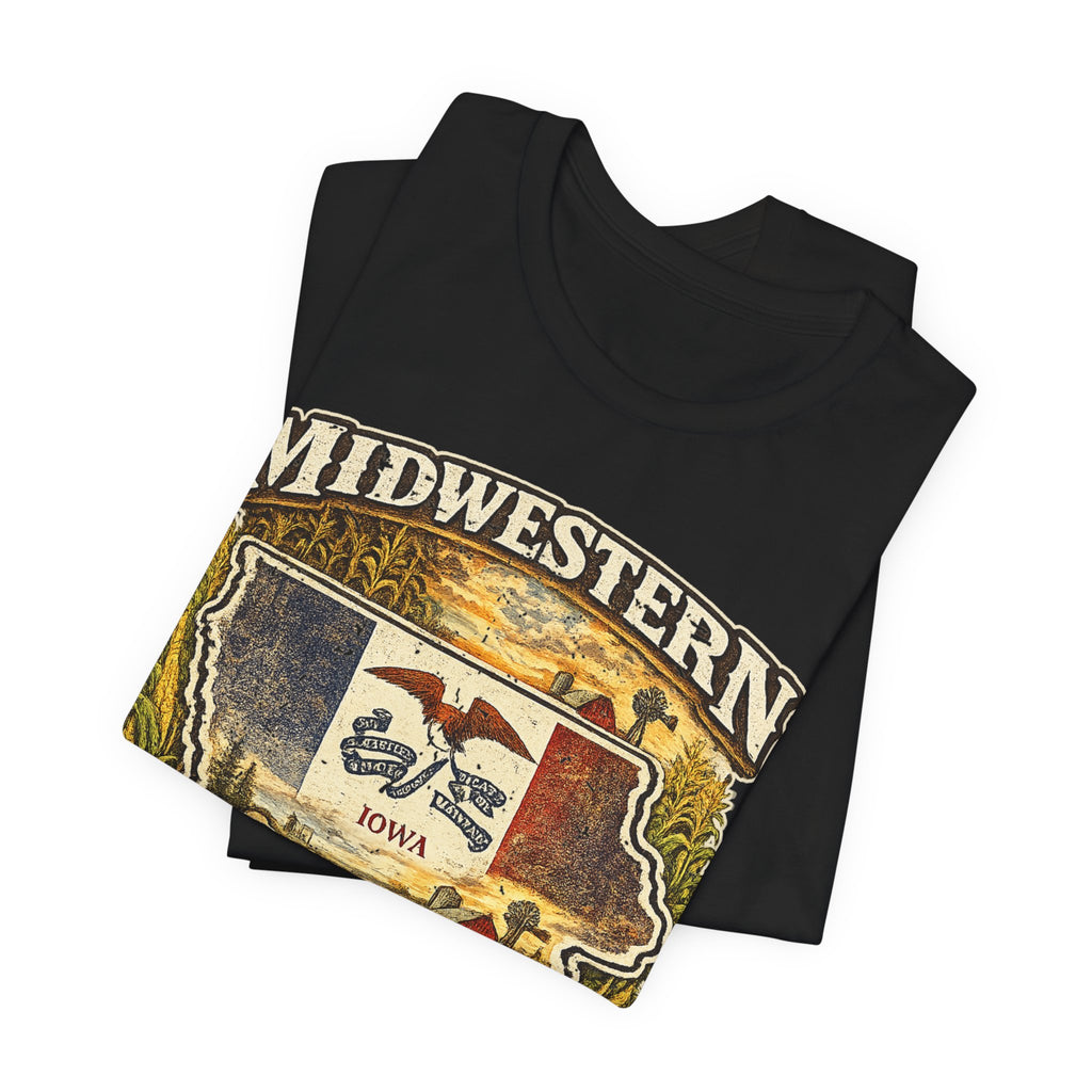 Family Friendly Midwestern AF Iowa T-Shirt – product photo 6 featuring a distressed vintage design featuring the outline of Iowa overlaid with the Iowa state flag, surrounded by towering corn stalks, rolling farmland, a classic red barn, a windmill, a tractor, and an overflowing harvest basket