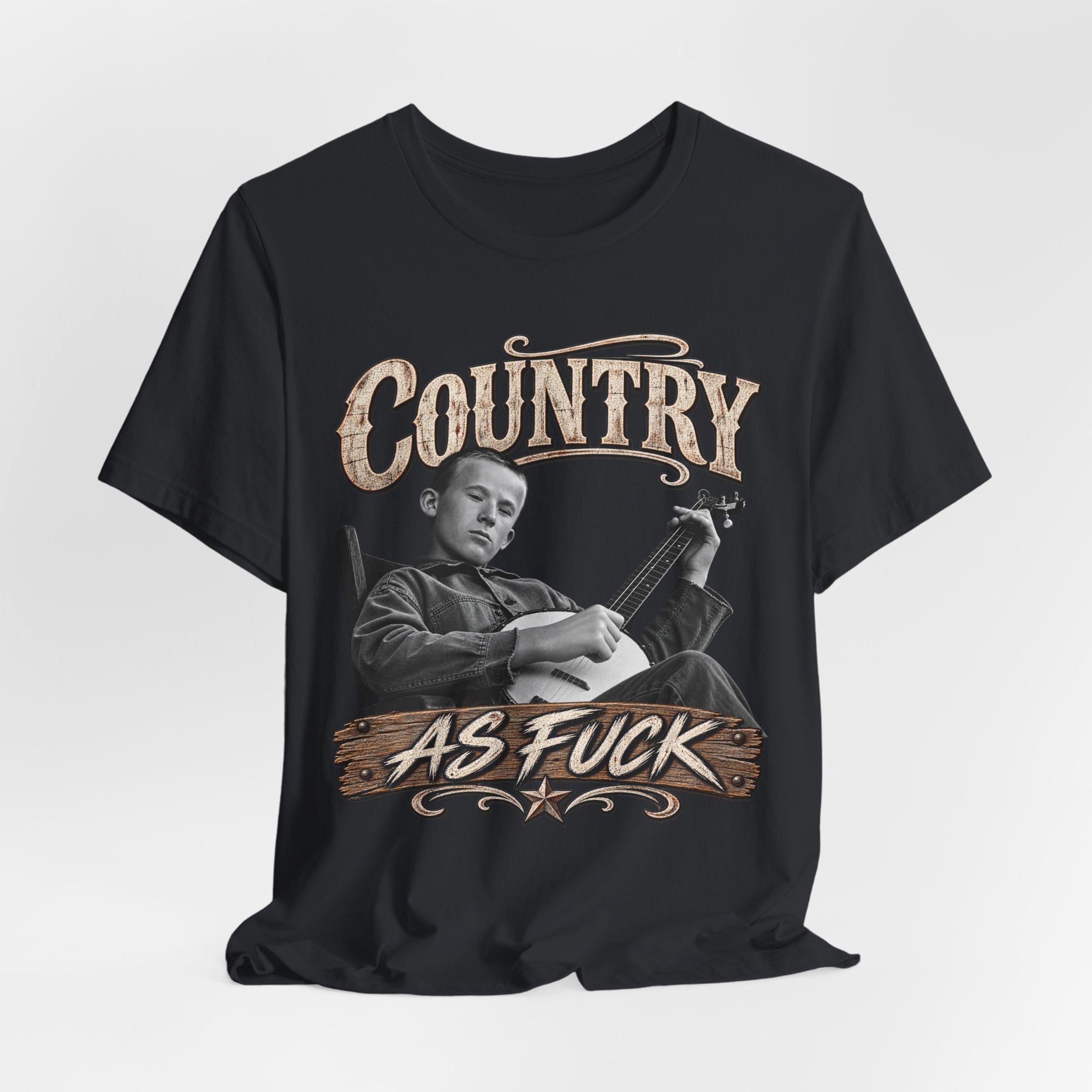 Black Country As Fuck tee draped loosely, banjo-player front graphic