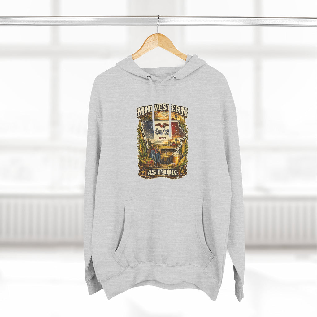 Slightly Salty Midwestern As F**K Iowa Hoodie – product photo 13 featuring a distressed vintage design featuring the outline of Iowa overlaid with the Iowa state flag, surrounded by towering corn stalks, rolling farmland, a classic red barn, a windmill, a tractor, and an overflowing harvest basket