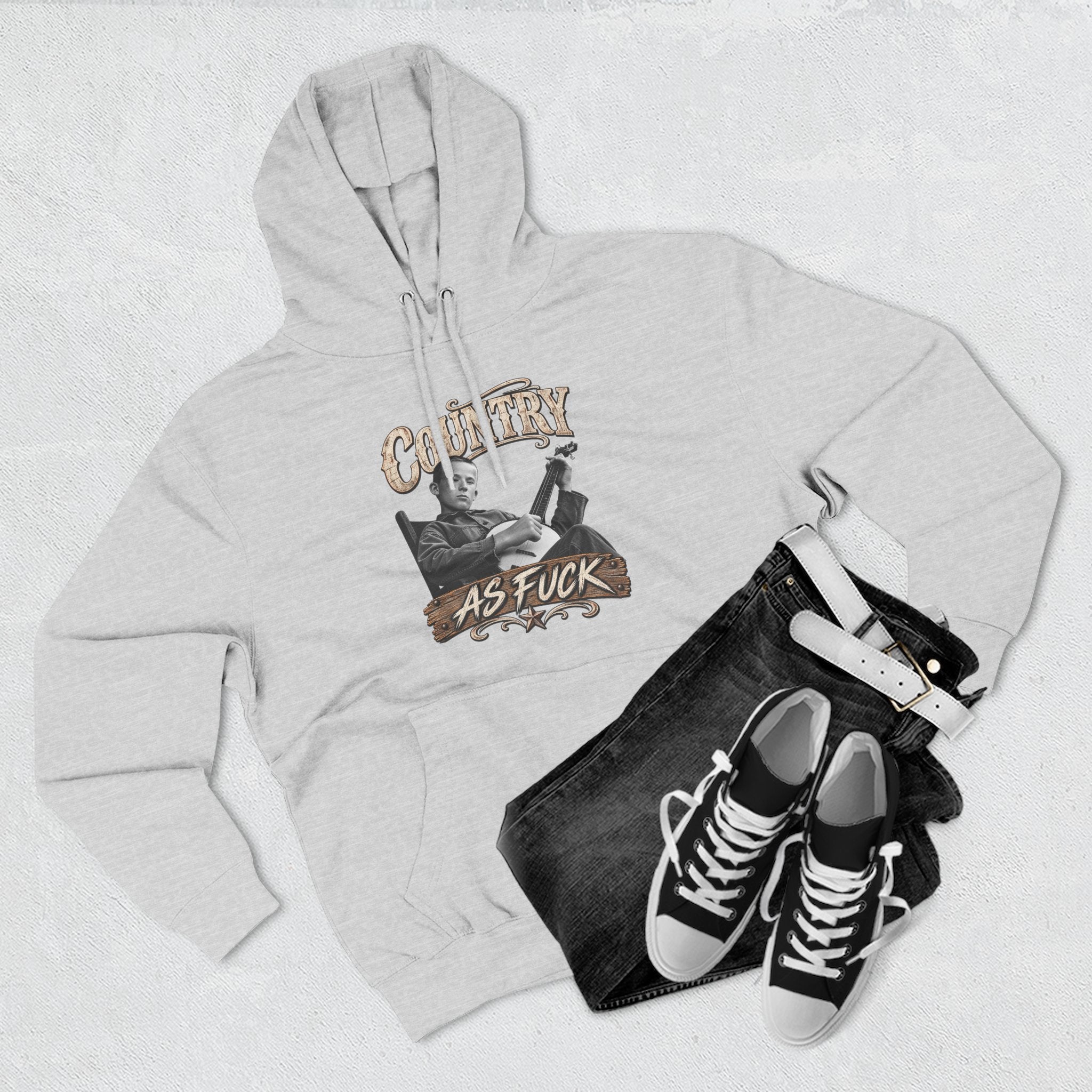 Heather Grey Country As Fuck hoodie styled flat with black high-top sneakers