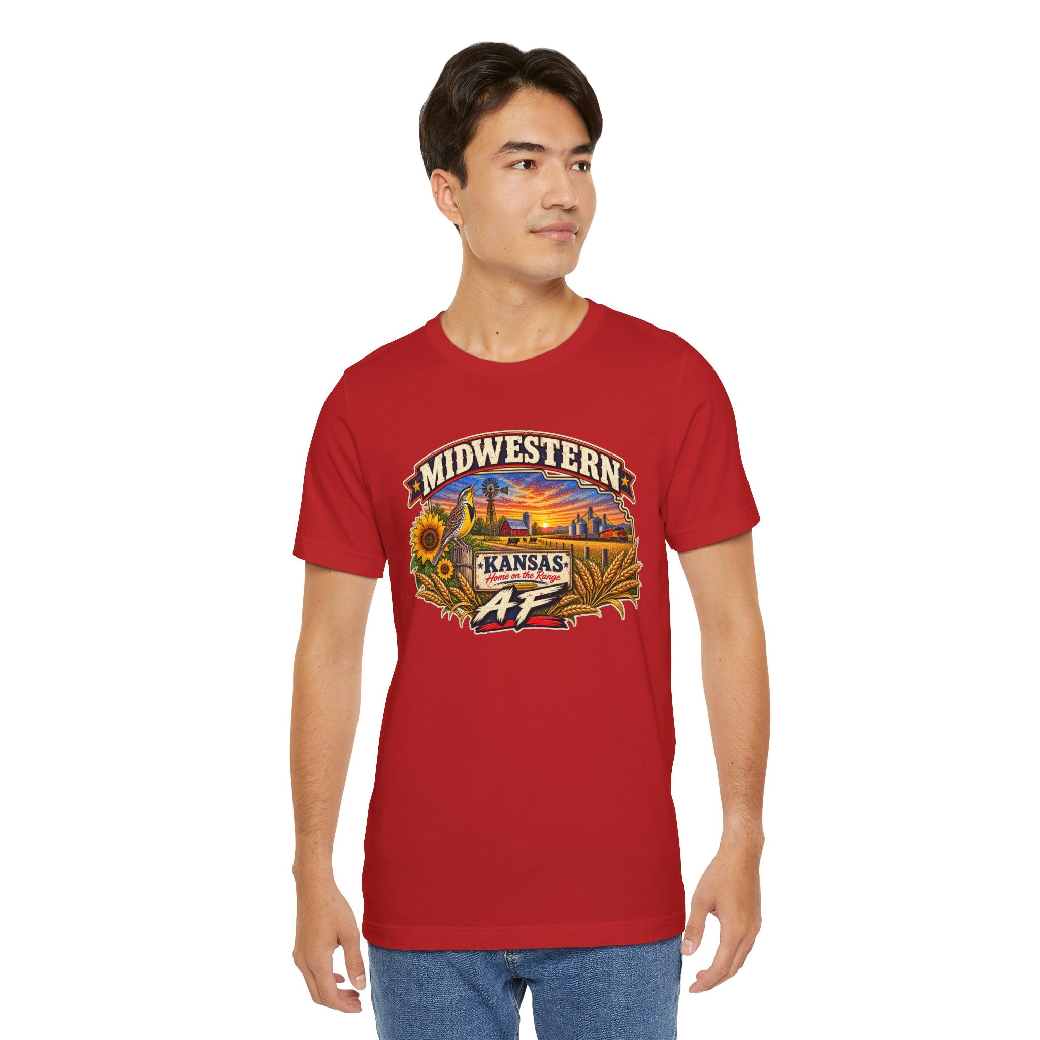Man wearing the red Kansas AF tee, vintage Kansas artwork on the chest
