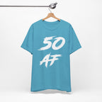 Heather Aqua birthday tee hanging on a hanger, white 50 AF graphic facing front