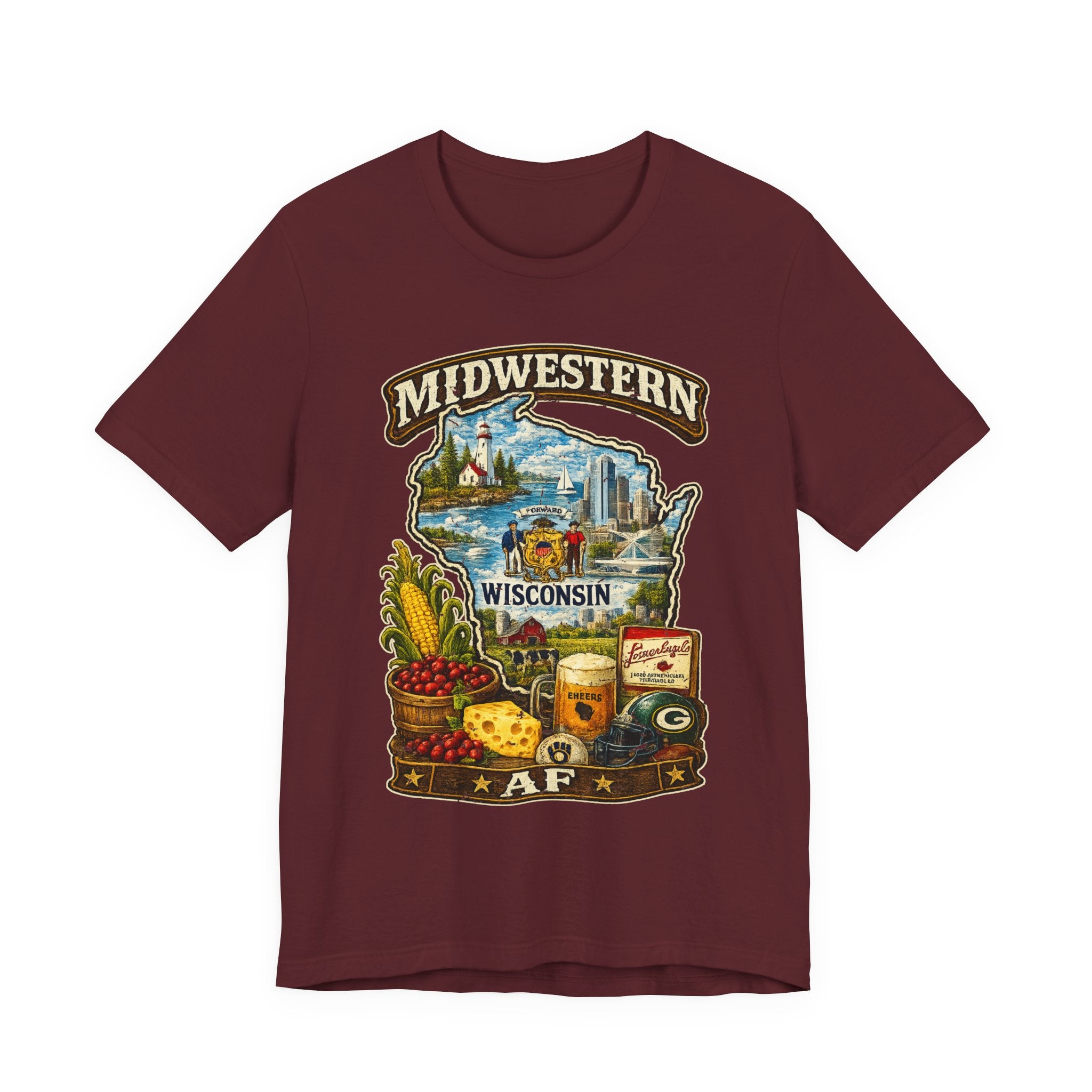 Maroon Midwestern AF Wisconsin T-Shirt, family friendly Cheesehead State pride tee