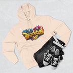 Pale Pink hoodie flat lay styled with black jeans and sneakers, showing the graffiti-style Brooklyn AF skyline print.
