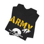 Personalized U.S. Army AF T-shirt in Black shown folded, with gold ARMY lettering