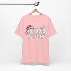 Pink Retired As F**K tee on a wooden hanger showing the retirement nightcap print