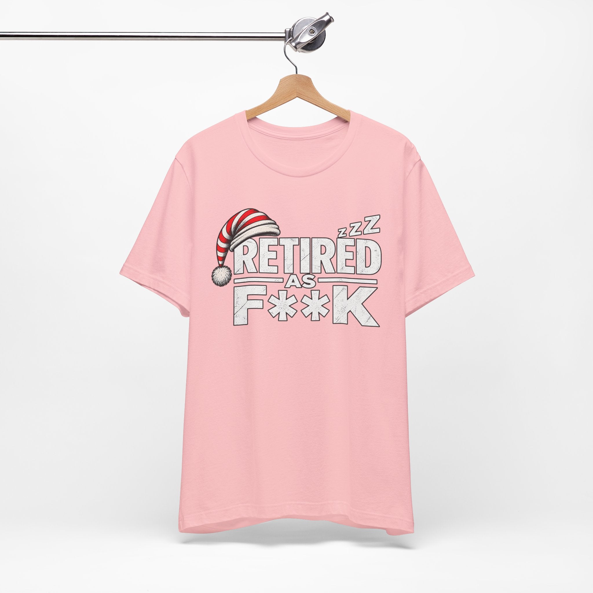 Pink Retired As F**K tee on a wooden hanger showing the retirement nightcap print