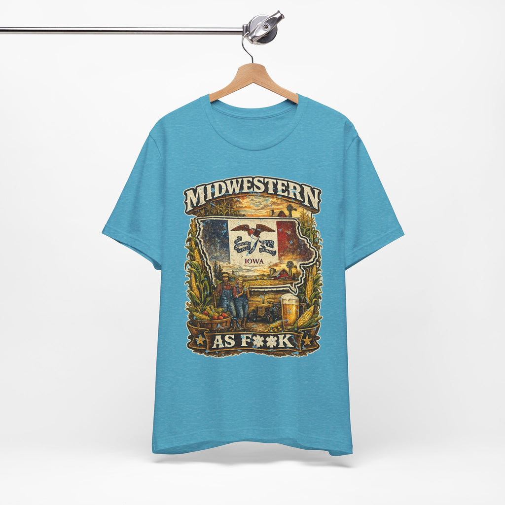 Slightly Salty Midwestern As F**K Iowa T-Shirt – product photo 12 featuring a distressed vintage design featuring the outline of Iowa overlaid with the Iowa state flag, surrounded by towering corn stalks, rolling farmland, a classic red barn, a windmill, a tractor, and an overflowing harvest basket