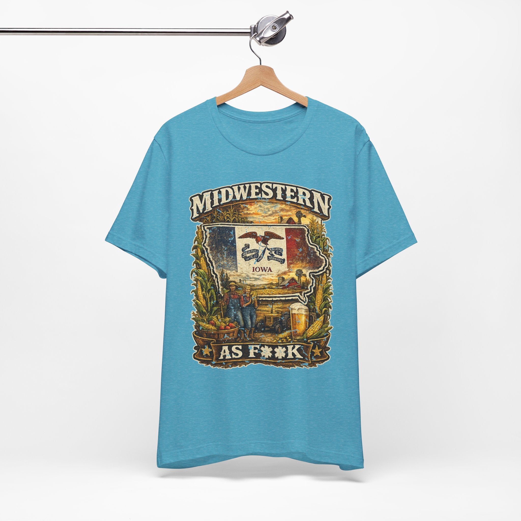 Slightly Salty Midwestern As F**K Iowa T-Shirt – product photo 12 featuring a distressed vintage design featuring the outline of Iowa overlaid with the Iowa state flag, surrounded by towering corn stalks, rolling farmland, a classic red barn, a windmill, a tractor, and an overflowing harvest basket