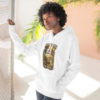 Midwestern As Fuck Iowa Hoodie – product photo 2 featuring a distressed vintage design featuring the outline of Iowa overlaid with the Iowa state flag, surrounded by towering corn stalks, rolling farmland, a classic red barn, a windmill, a tractor, and an overflowing harvest basket