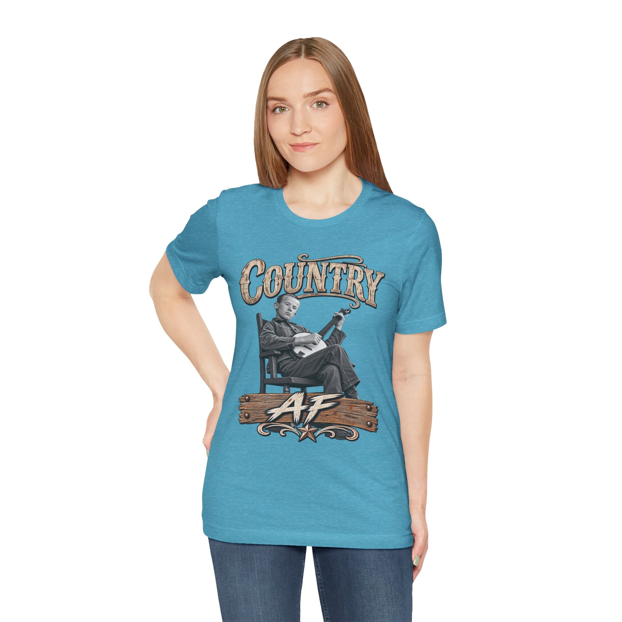 Woman in the Heather Aqua Country AF tee, front graphic showing