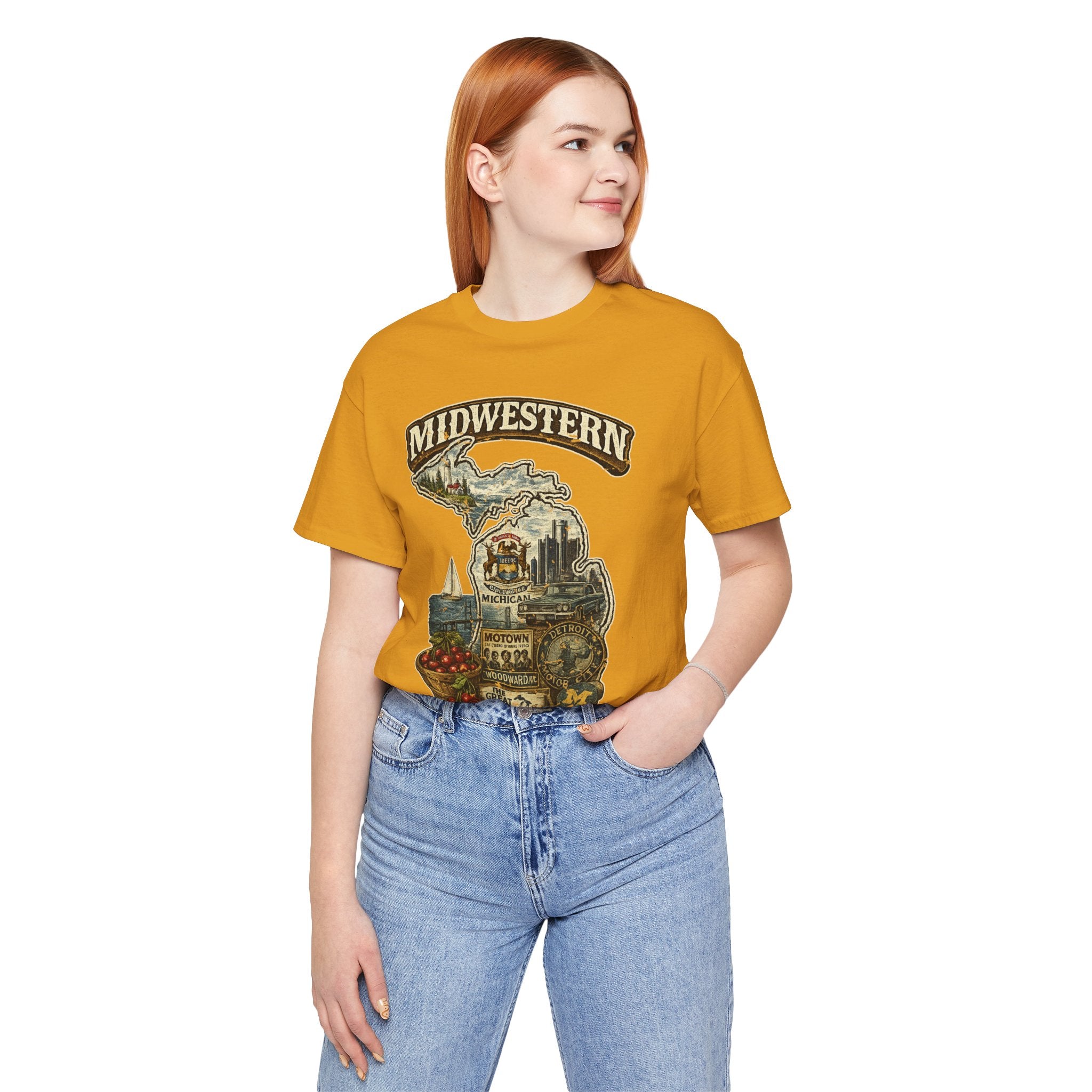 Family Friendly Midwestern AF Michigan T-Shirt – product photo 10 featuring a distressed vintage design featuring Michigan's Upper and Lower Peninsulas overlaid with the state outline, surrounded by Detroit's skyline, Woodward Avenue, the Great Lakes, and Traverse City cherries