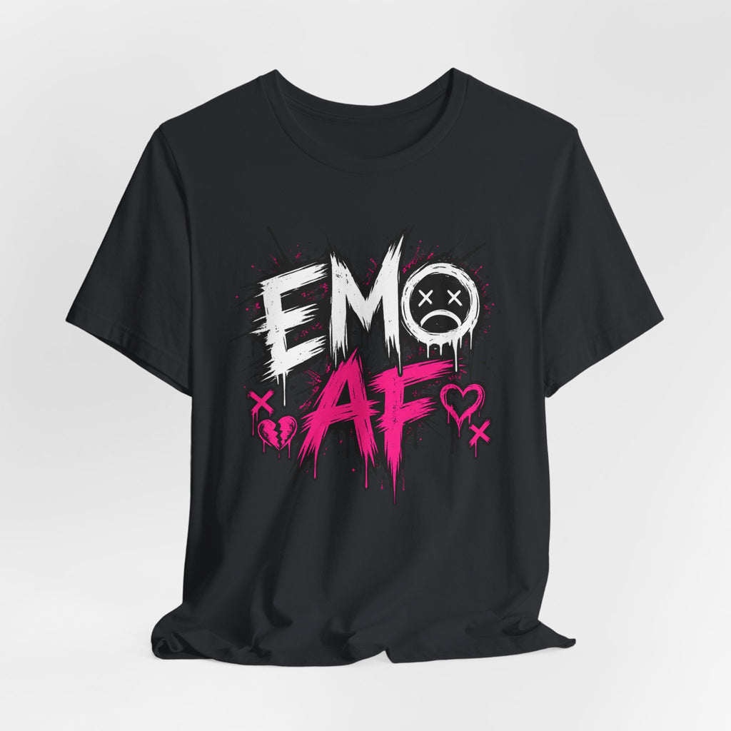 Vintage Black EMO AF tee draped flat, showing the full front punk graphic