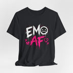 Vintage Black EMO AF tee draped flat, showing the full front punk graphic