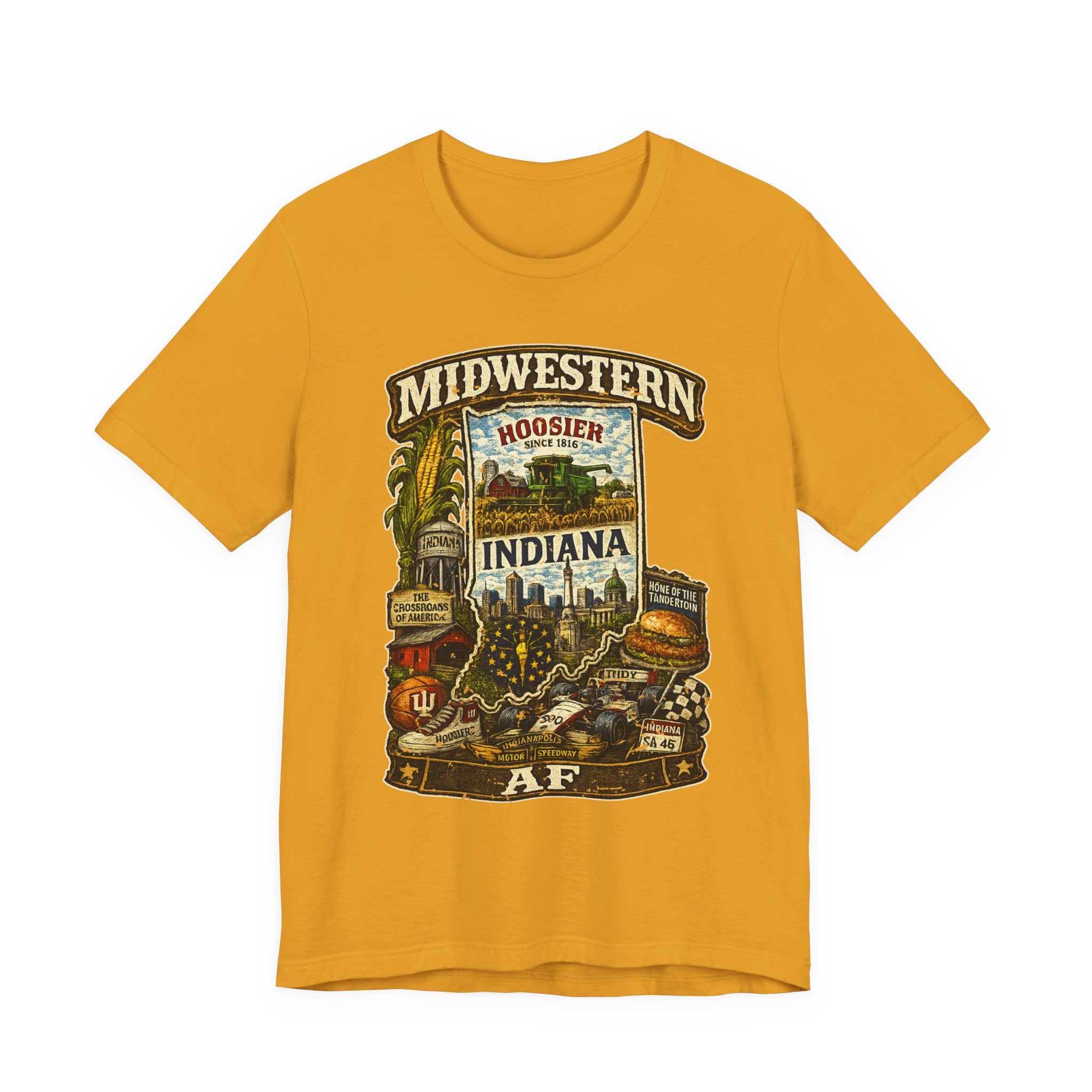 Mustard Midwestern AF Indiana T-Shirt, family friendly Hoosier State pride tee