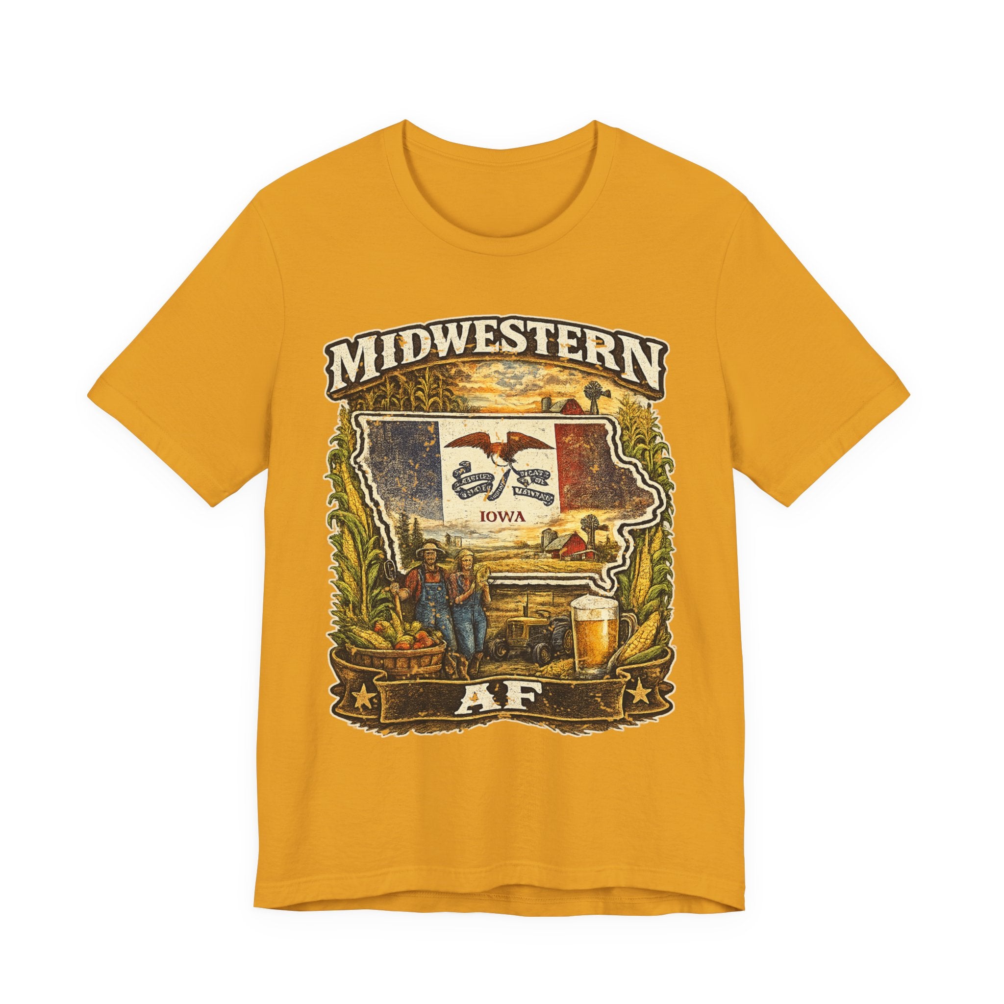 Family Friendly Midwestern AF Iowa T-Shirt in Mustard – a distressed vintage design featuring the outline of Iowa overlaid with the Iowa state flag, surrounded by towering corn stalks, rolling farmland, a classic red barn, a windmill, a tractor, and an overflowing harvest basket
