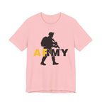 Pink Army AF T-shirt shown flat, gold AF and charcoal RMY behind a marching soldier