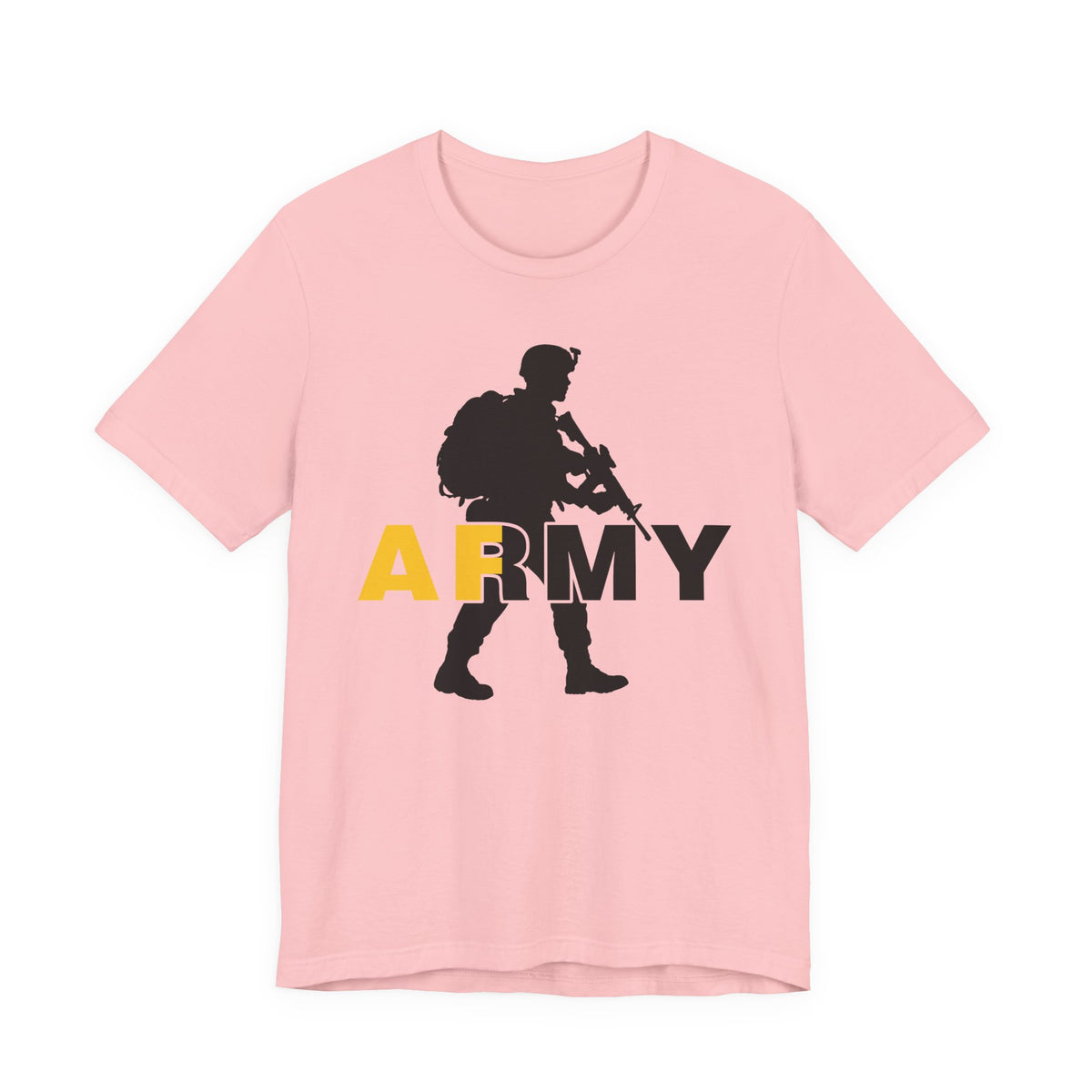 Pink Army AF T-shirt shown flat, gold AF and charcoal RMY behind a marching soldier