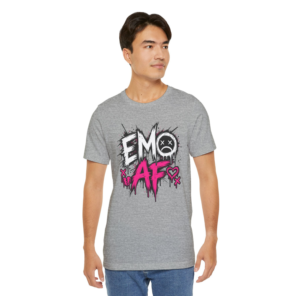 Man wearing the Athletic Heather EMO AF tee with jeans, front graphic centred
