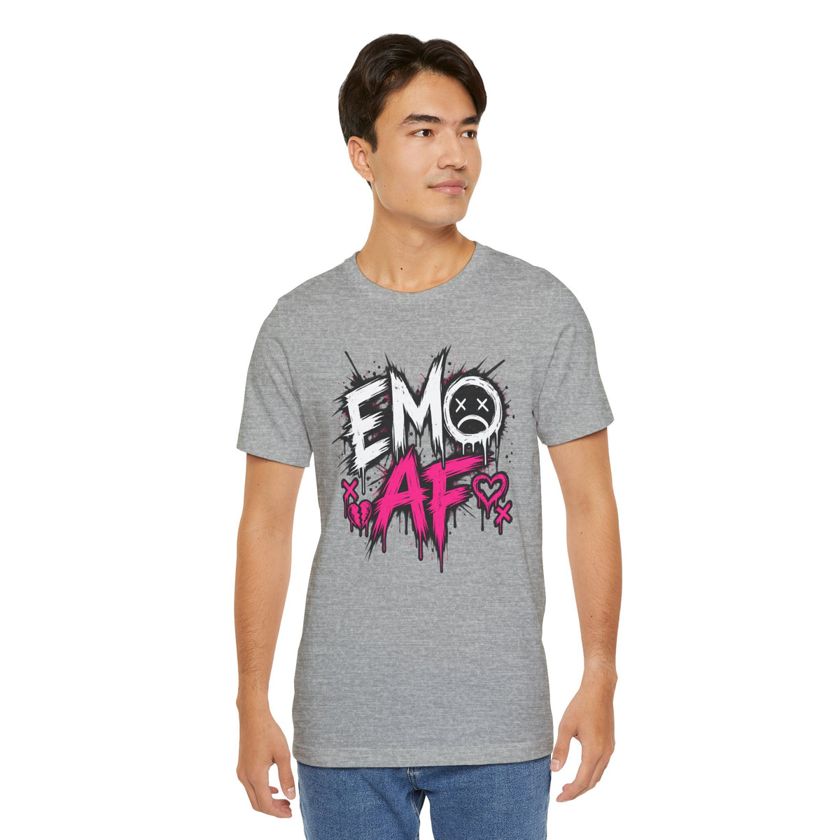 Man wearing the Athletic Heather EMO AF tee with jeans, front graphic centred