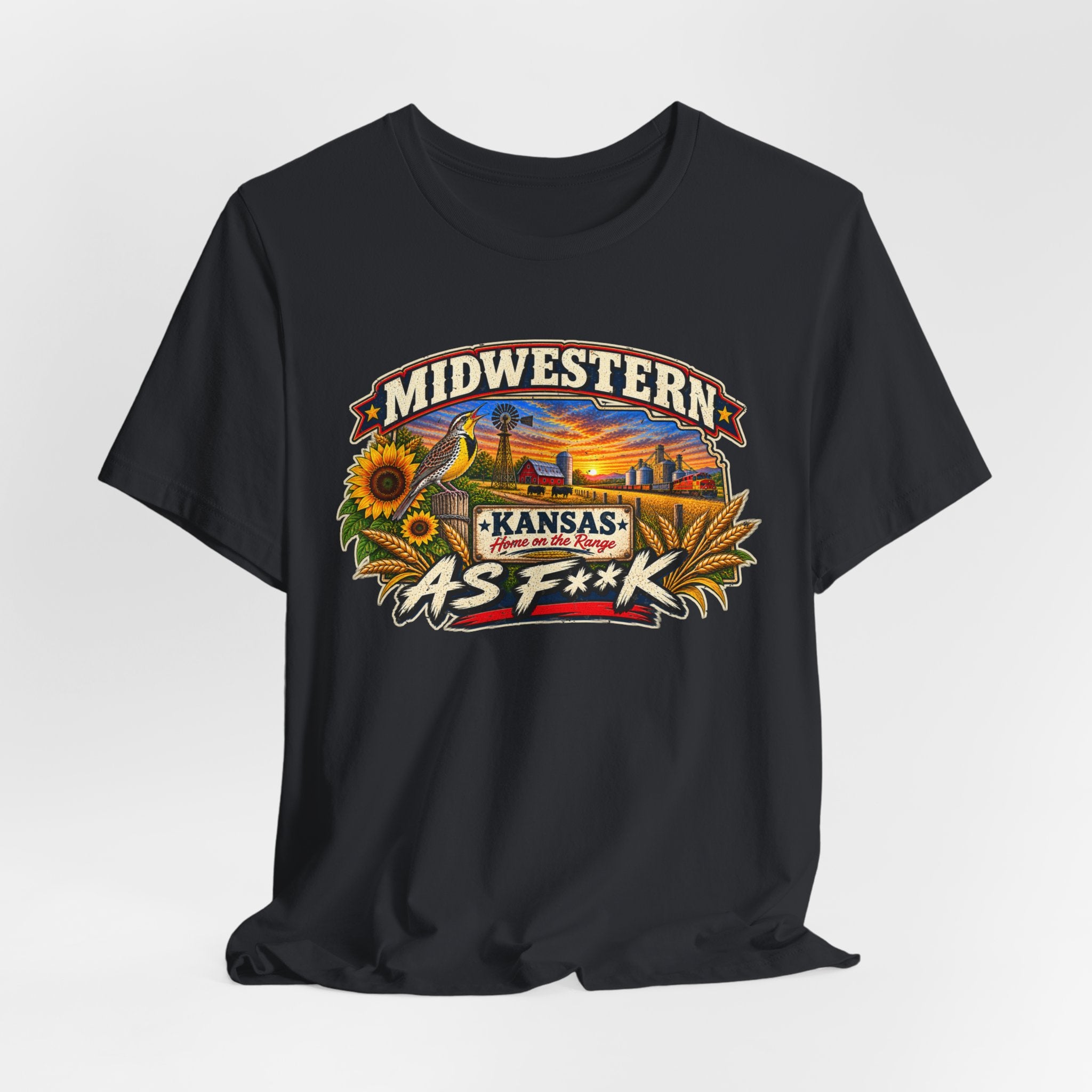 Vintage black Kansas As F**K T-shirt draped flat, full Sunflower State graphic