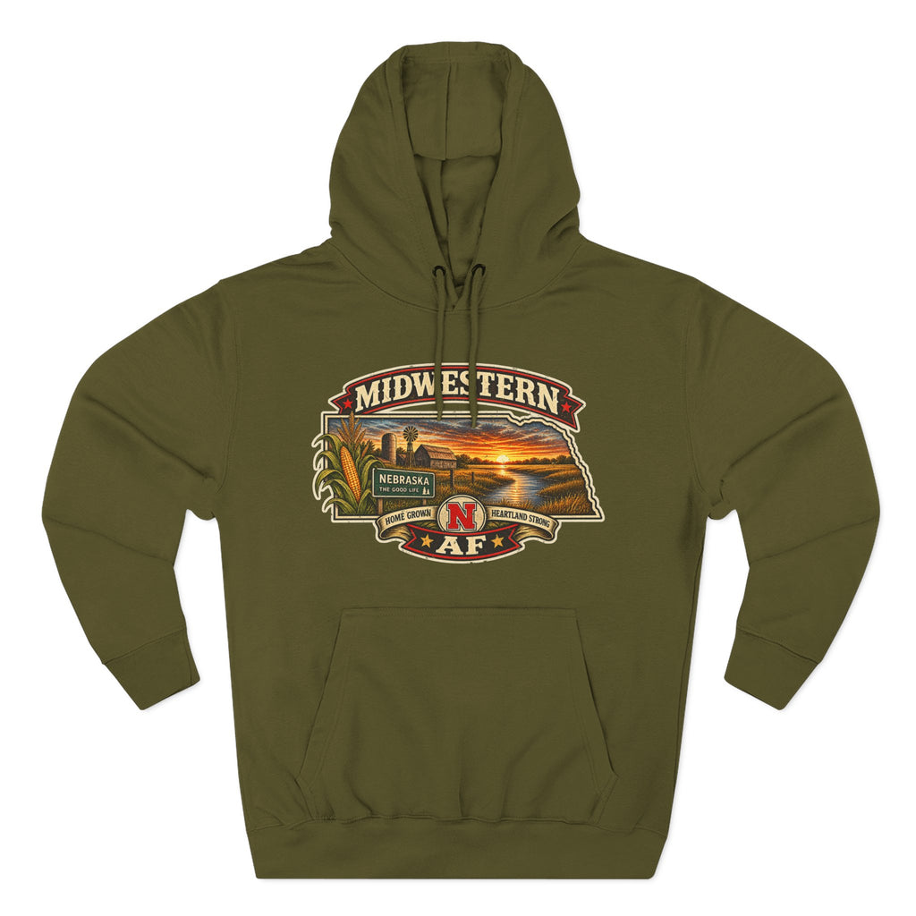 Army green Nebraska hoodie laid flat, corn stalks and a red barn inside the state outline