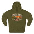 Army green Nebraska hoodie laid flat, corn stalks and a red barn inside the state outline