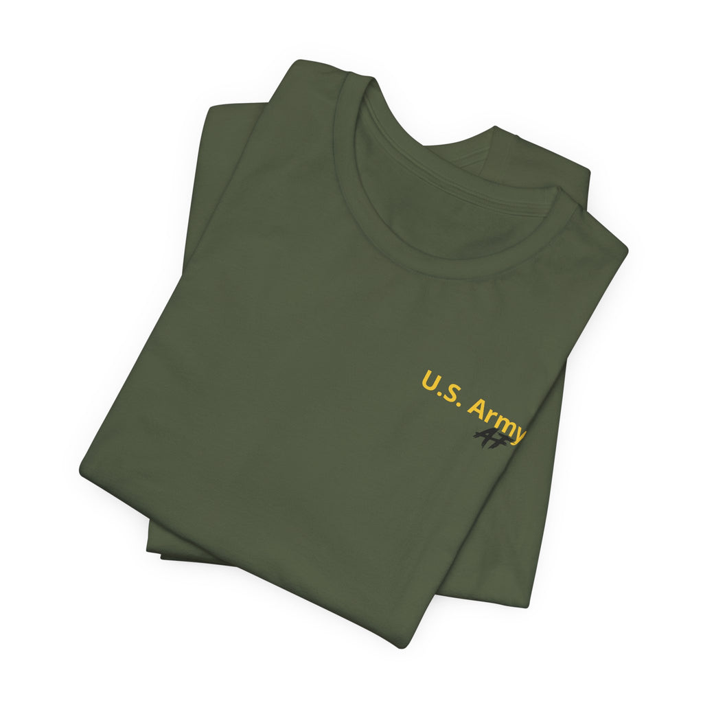 Army veteran T-shirt in Military Green shown folded with the U.S. Army chest print