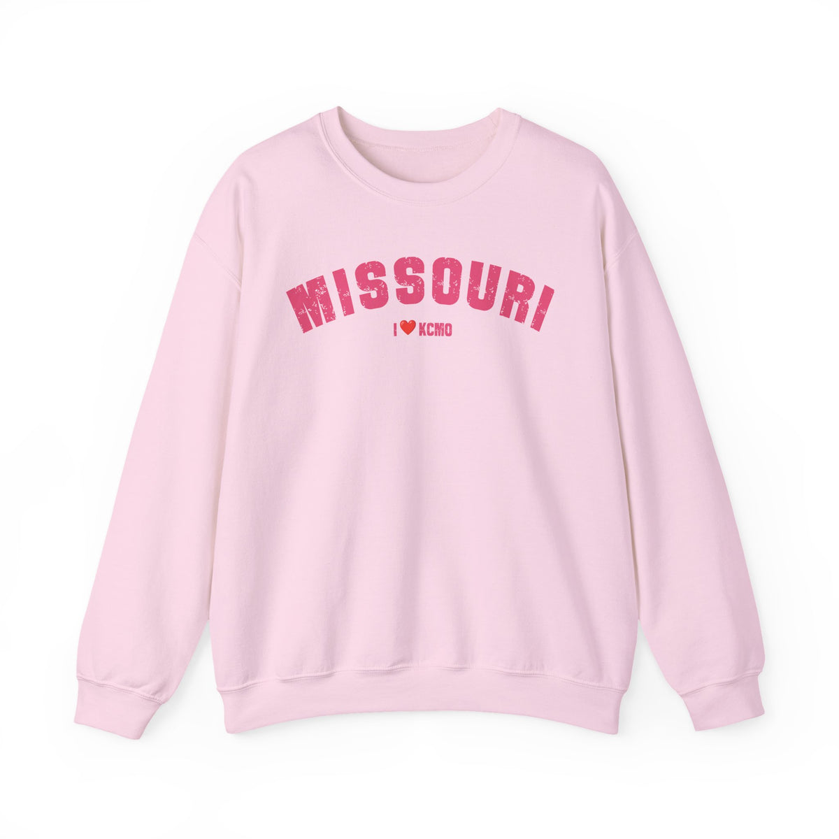 Personalized Missouri sweatshirt in light pink, laid flat, pink varsity MISSOURI over an I heart KCMO line
