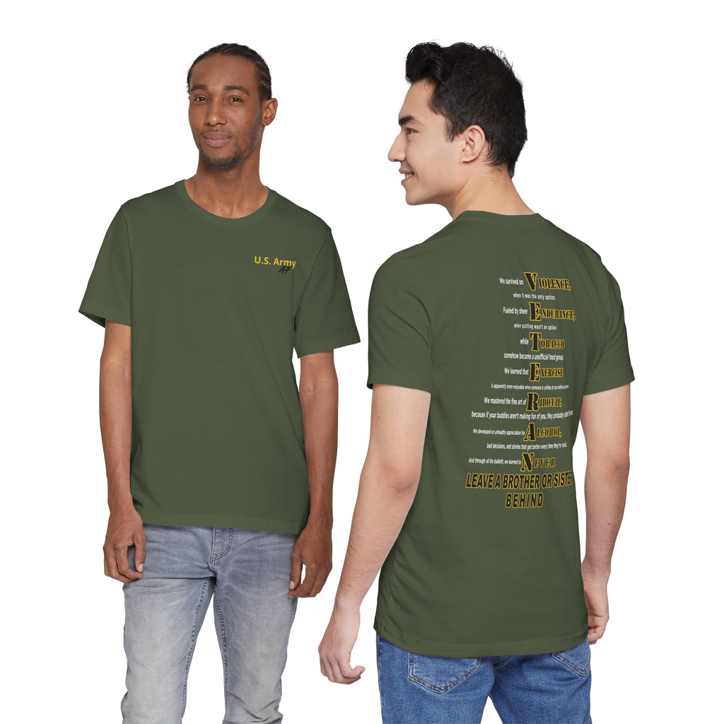 Two men wearing the Army veteran T-shirt in Military Green, showing the front and back prints