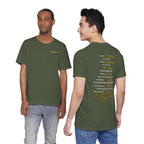 Two men wearing the Army veteran T-shirt in Military Green, showing the front and back prints