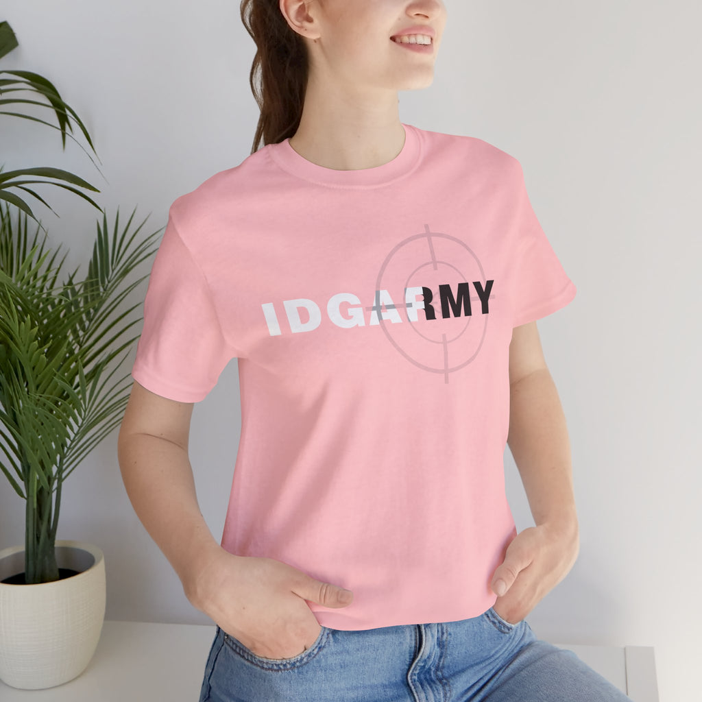 Close view of the pink IDGAF Army tee on a model, showing the overlapping front lettering