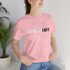 Close view of the pink IDGAF Army tee on a model, showing the overlapping front lettering