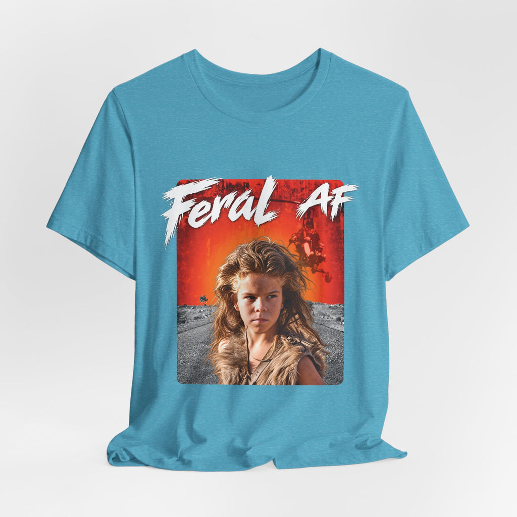 Heather Aqua Feral AF T-shirt draped on a studio backdrop, showing the relaxed unisex cut