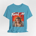 Heather Aqua Feral AF T-shirt draped on a studio backdrop, showing the relaxed unisex cut