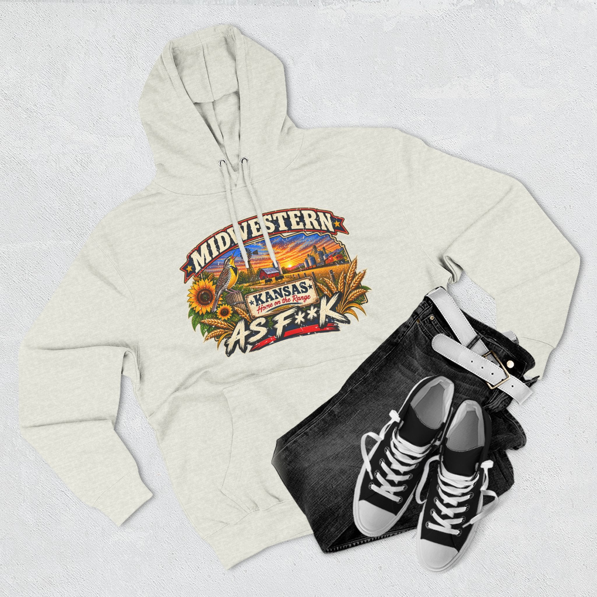 Oatmeal heather Kansas As F**K hoodie flat-lay with dark jeans and sneakers