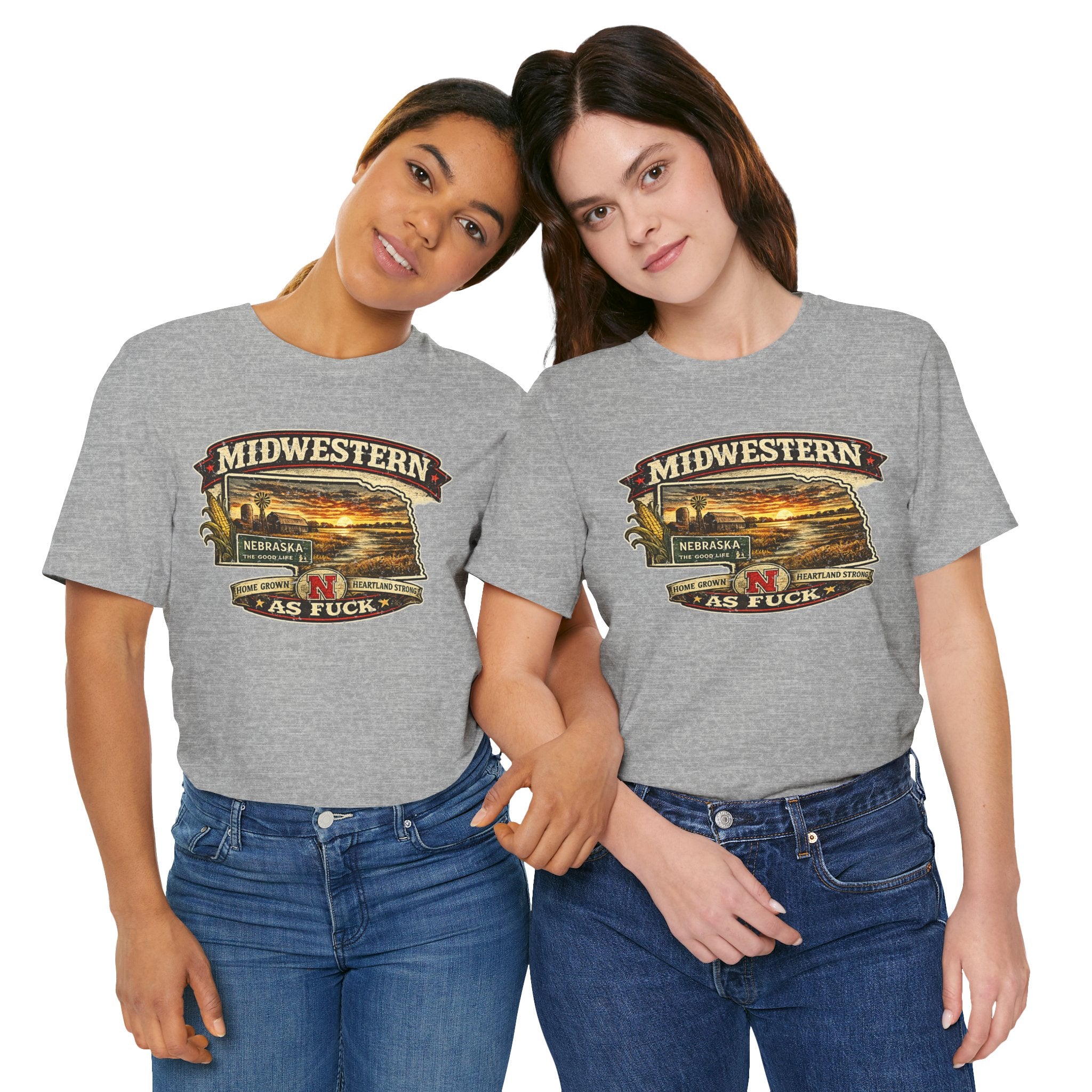 Two women in athletic heather Nebraska As Fuck tees, front graphic on show