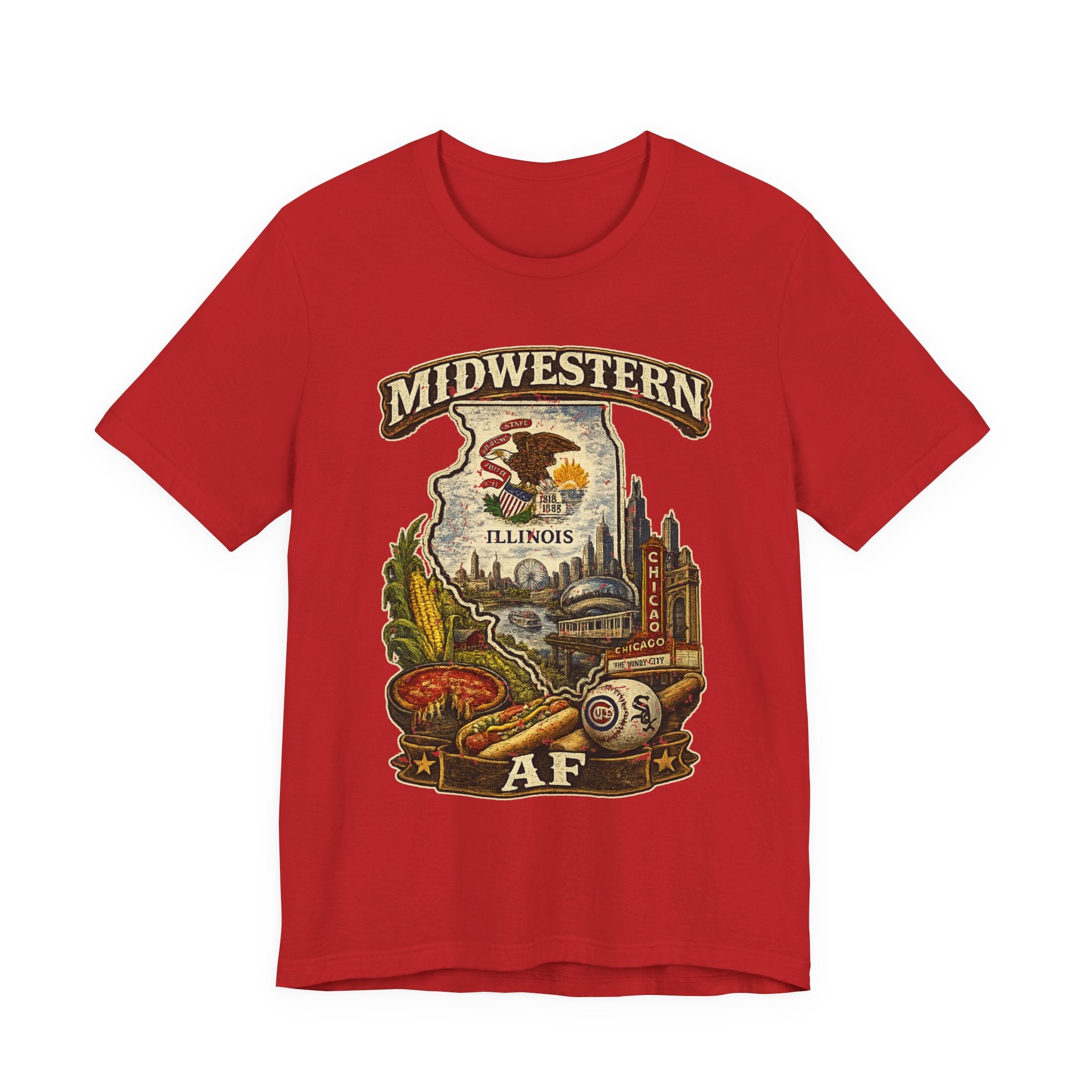 Family Friendly Midwestern AF Illinois T-Shirt in Red – a distressed vintage design featuring the Illinois state outline overlaid with the state flag, surrounded by the Chicago skyline, the Chicago Theatre sign, The Bean, deep-dish pizza, a Chicago-style hot dog, and towering corn fields