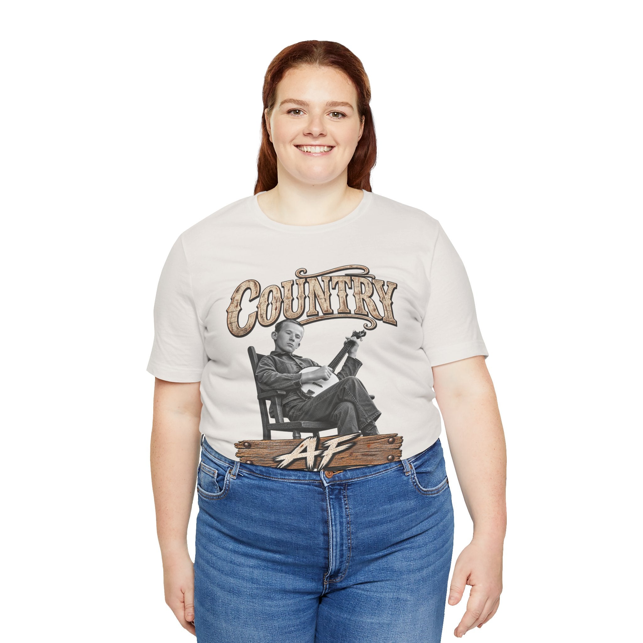 Woman in the Vintage White Country AF tee, front graphic showing