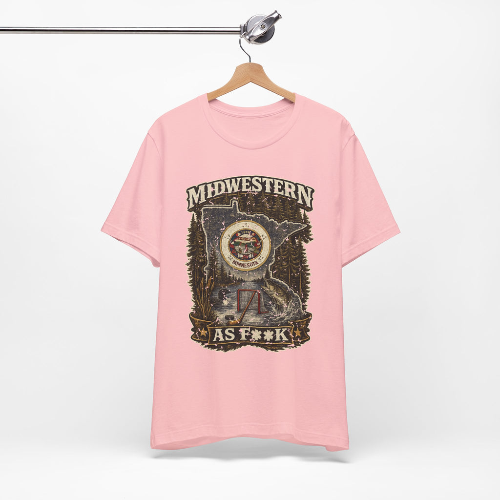 Slightly Salty Midwestern As F**K Minnesota T-Shirt – product photo 17 featuring the distressed state flag, pine trees, loon and walleye design