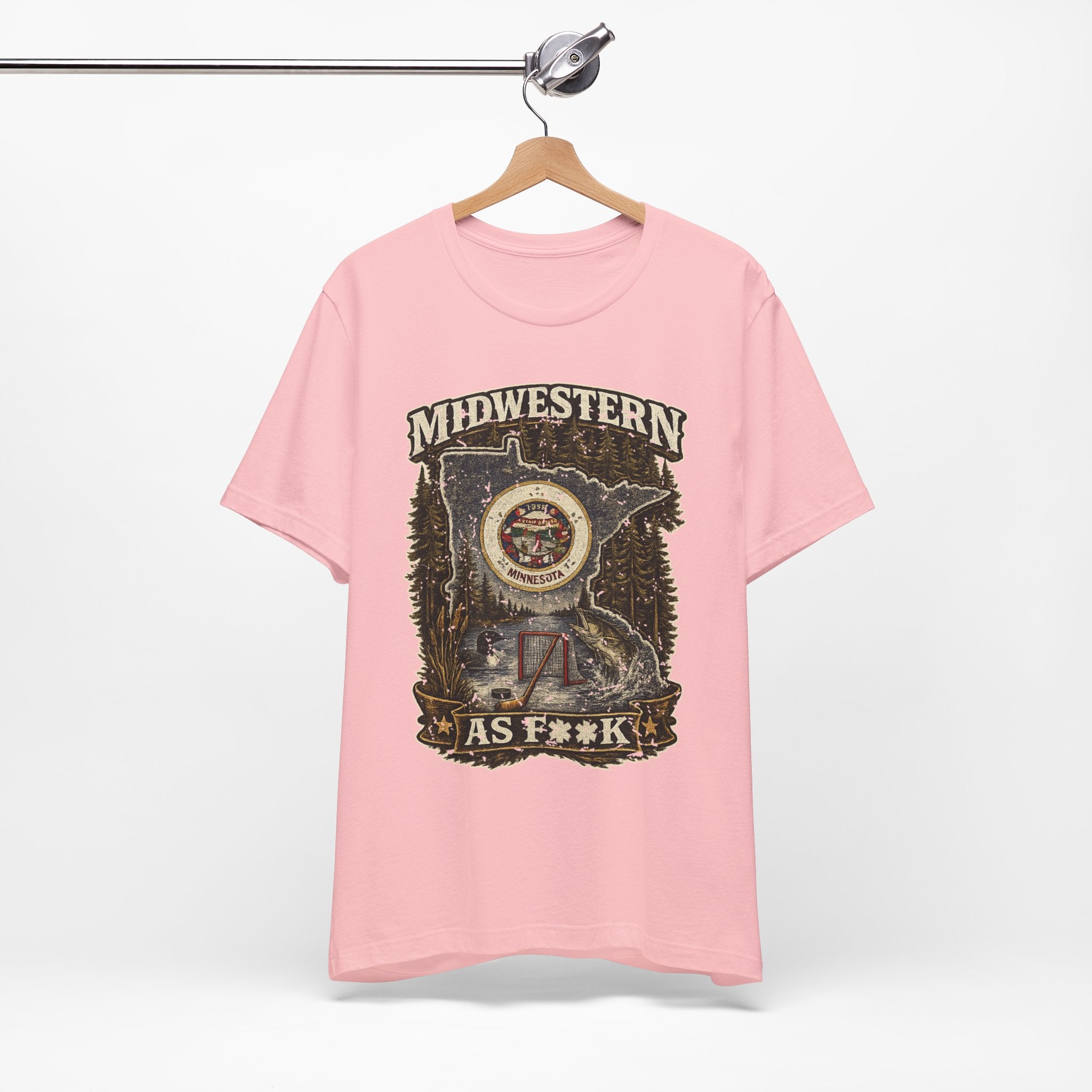 Slightly Salty Midwestern As F**K Minnesota T-Shirt – product photo 17 featuring the distressed state flag, pine trees, loon and walleye design