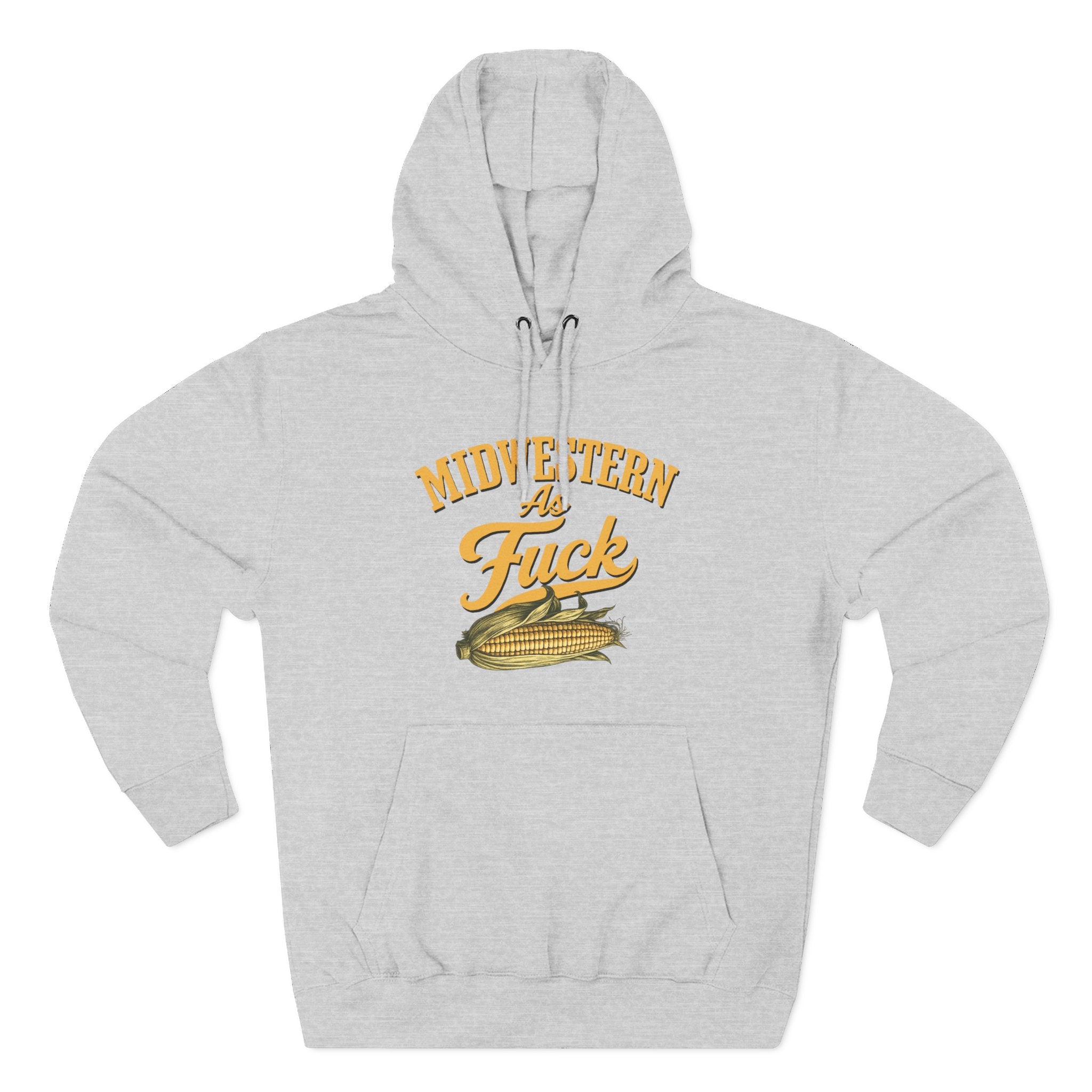 Heather grey hoodie laid flat, front view, showing the corn graphic and 'Midwestern As Fuck' script design.