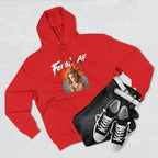 Red Feral AF hoodie styled flat with folded jeans and canvas sneakers, front print showing