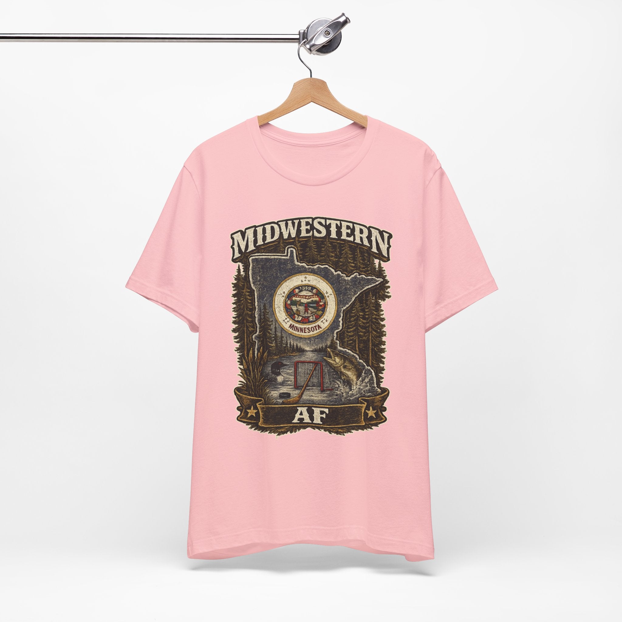 Family Friendly Midwestern AF Minnesota T-Shirt – product photo 17 featuring the distressed state flag, pine trees, loon and walleye design