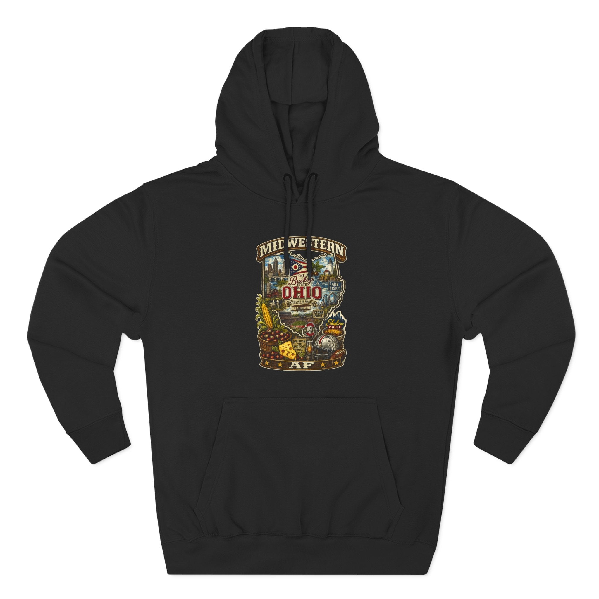 Ohio Midwestern AF hoodie in black laid flat, vintage Buckeye State Ohio graphic pullover