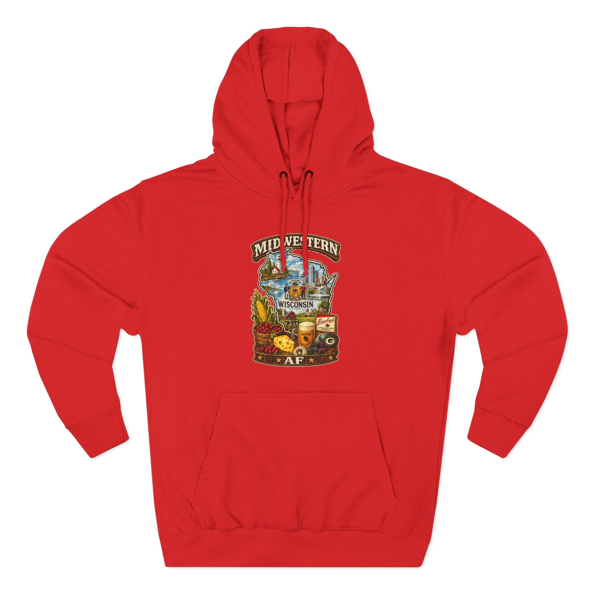 Red Midwestern AF Wisconsin Hoodie, family friendly Cheesehead State pride pullover